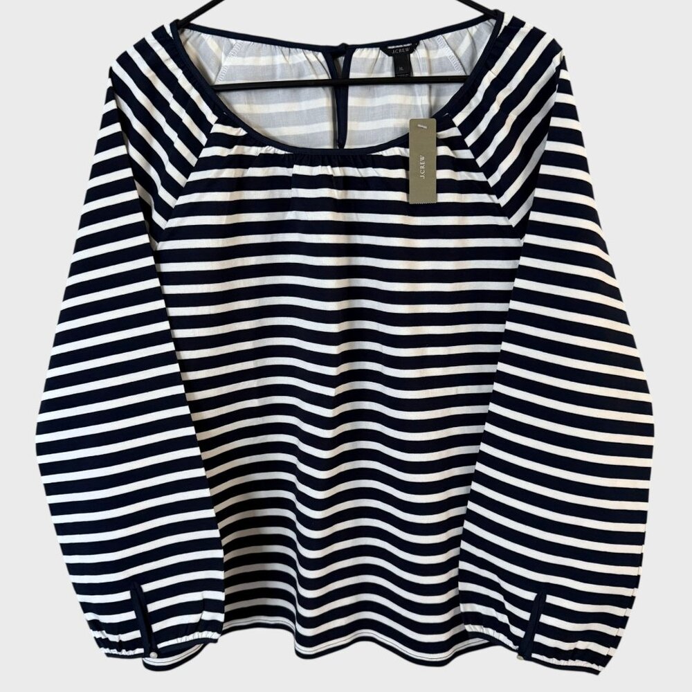 J.Crew Striped Raglan Tie-Back Peasant Blouse Top Black White Women's XL New - Picture 1 of 14
